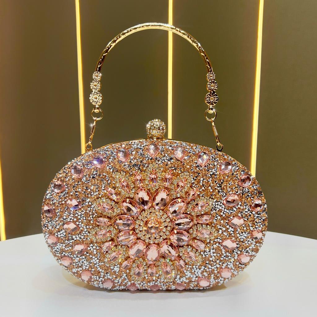 Neue Crossbody Tasche Damen Strass Sonnenblume Voll Diamant Ovale Clutch, Elegante Lady Handtasche für Abendbankett, für Kleid & Cheongsam