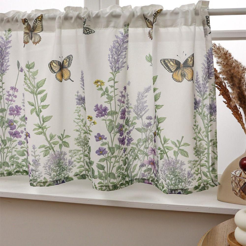 Butterfly Lavender Print Cabinet Window Decor Partition Voile Curtain  for Living Room Bedroom