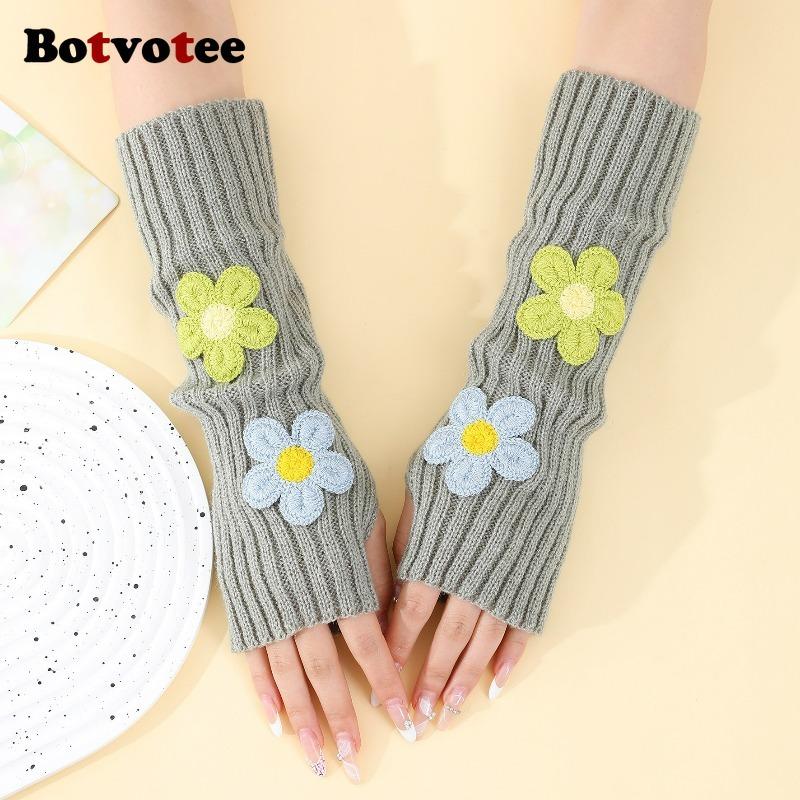 Botvotee Sleeves for Women Y2k Accessories Sweet Pink Flower Half Finger Arm Warmers Preppy Style Winter Knit Fingerless Gloves