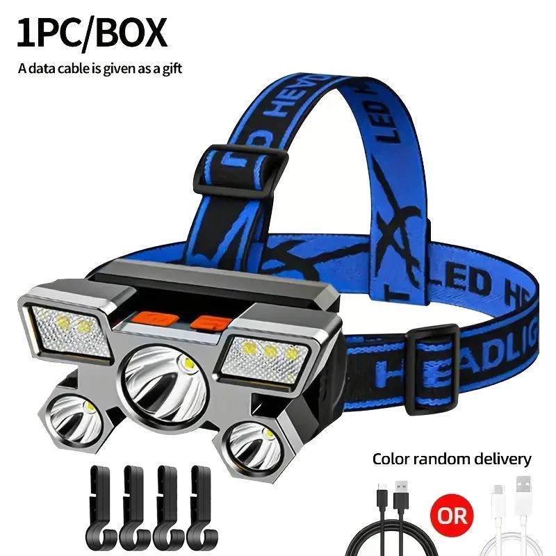 5 LED Taschenlampe Wiederaufladbar mit eingebauter Lithiumbatterie Starke Stirnlampe Camping Abenteuer Angeln Radfahren Stirnlampe