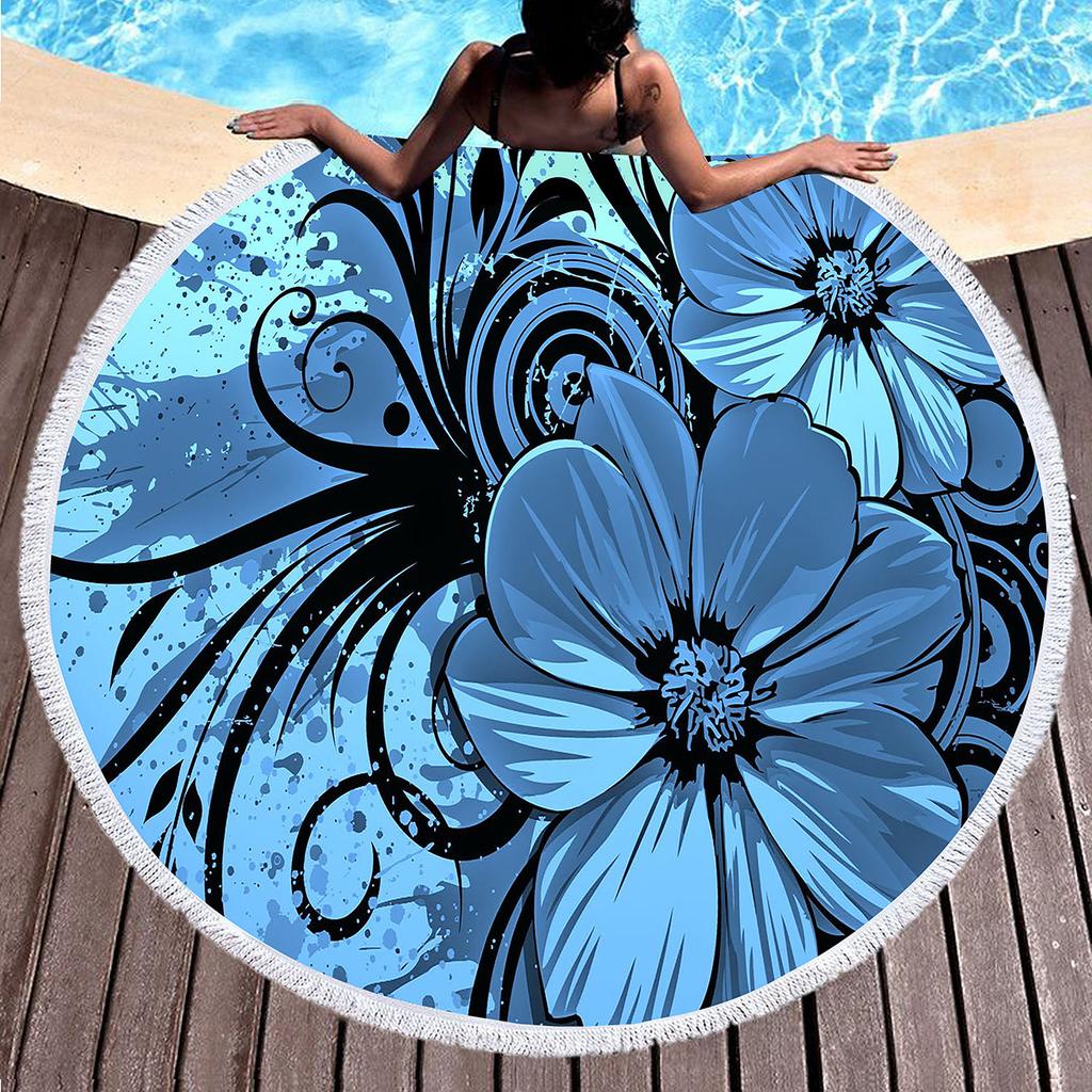Vintage Floral Round Beach Towel with Tassels, Farmhouse Flower Beach Blanket, Soft Microfiber Yoga Meditation Mat Picnic Rug