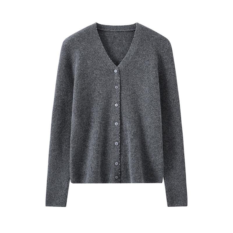 Early Autumn New 100 Cashmere Drawn V-Neck Placket Beaded Cardigan Showing Thin Temperament Elegant Coat Shirt