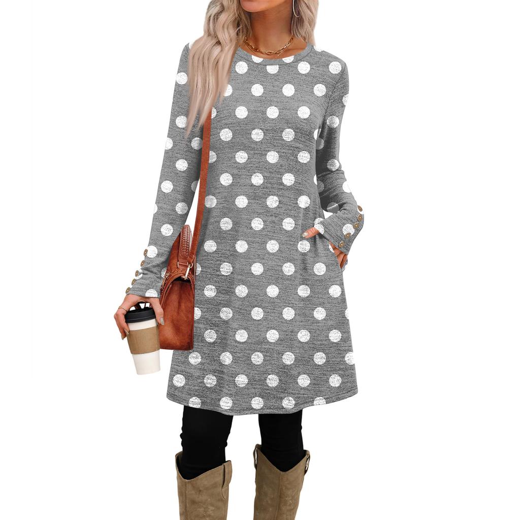 Women's Fashion Casual Dress With Pockets, Decorative Buttons, Polka Dot Prints, Round Neck And Long Sleeves