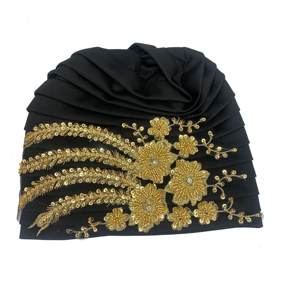 Luxury Embroidery Beading Pleated Turban Cap for Women