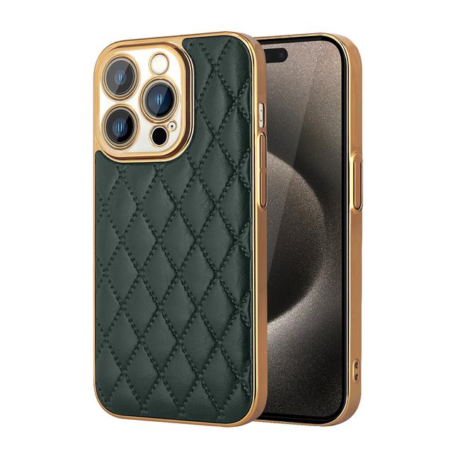Luxury 3D Diamond Pattern Plating Leather Cases For iPhone 15 Pro Max 14 11 12 13 Shockproof Bumper Hard Lens Protection Cover