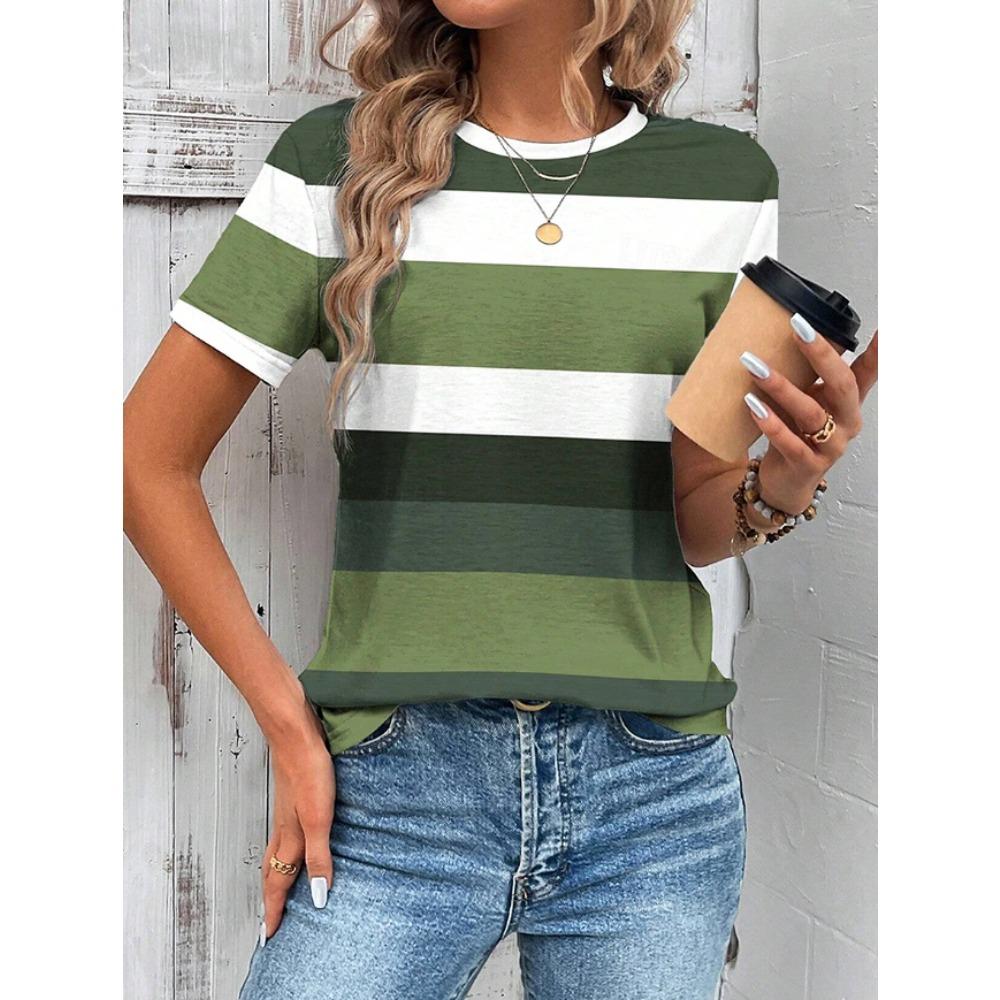 Fashion Women Retro Creative Horizontal Stripes Print T Shirt Funny Casual O-neck Short Sleeves T-shirt Summer Female Tee Shirt