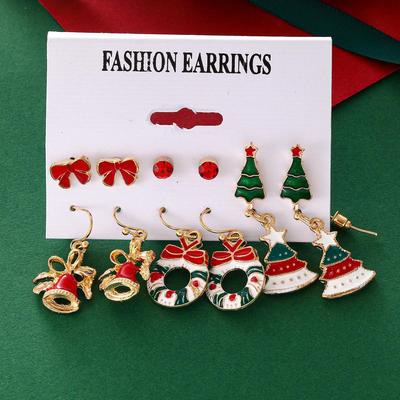 Europäisches & Amerikanisches Weihnachts-Ohrring-Set - 6-teilig: Baum-, Glocken- und Schleifendesigns