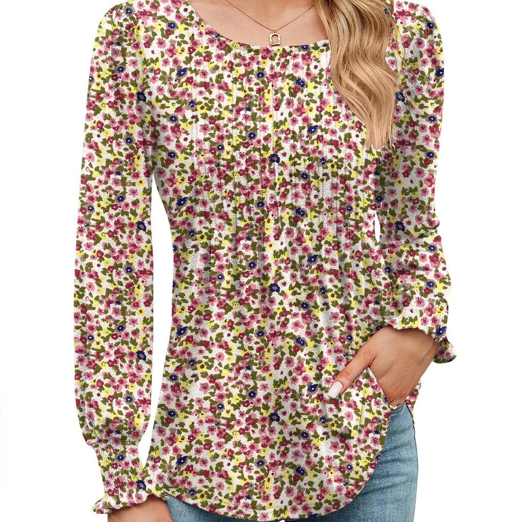 Women's Solid Color Casual Bubble Sleeves, Drawstring Round Neck Long Sleeved Top