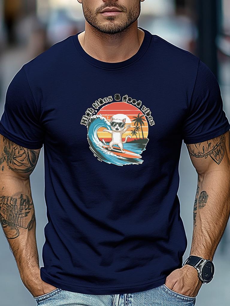 Mens Surfing TShirt High Tides Good Vibes Cat Print Short Sleeve Round Neck Breathable Oversized Beach Daily Wear