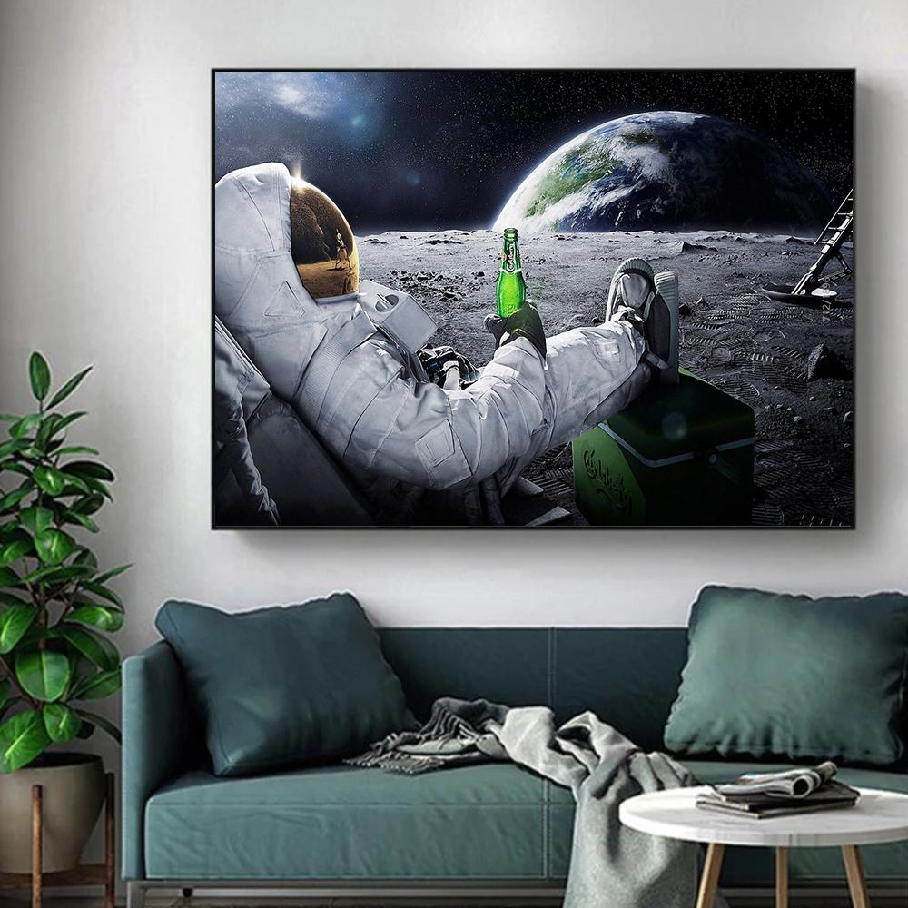 Astronaut Drinks Beer on The Moon While Watching The Earth Being Destroyed Canvas Painting Posters Prints Living Room Wall Art Pictures