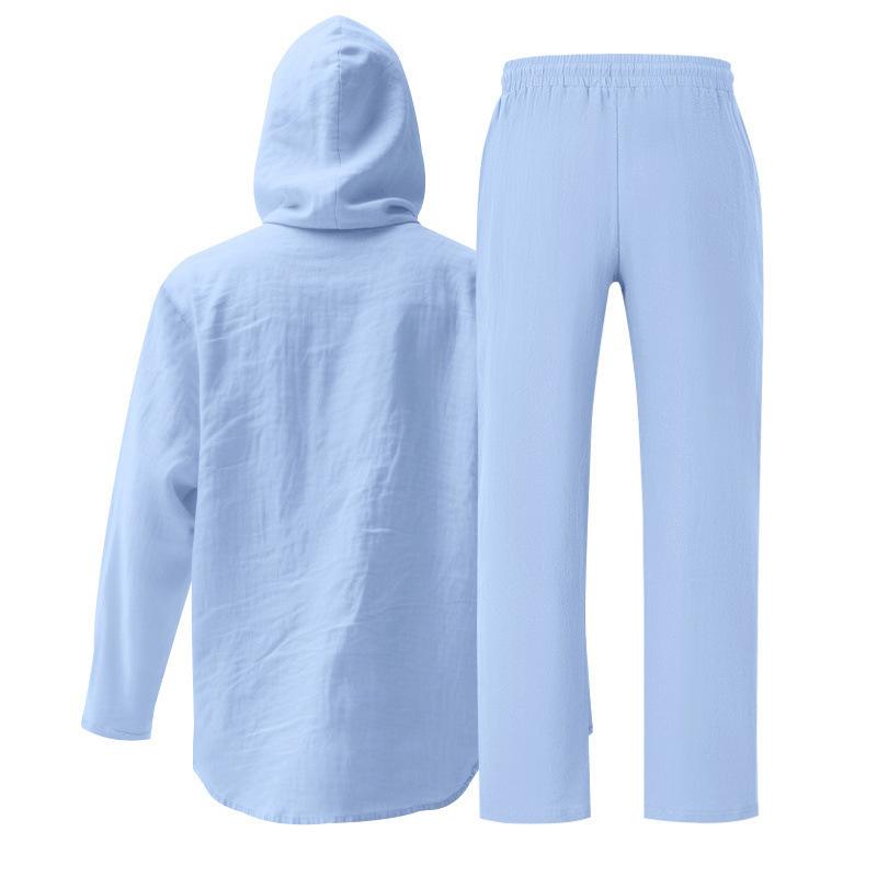 Completo casual da uomo in lino a due pezzi: camicia con cappuccio e bottoni e pantaloni a gamba dritta – perfetti per le vacanze al mare in primavera/estate