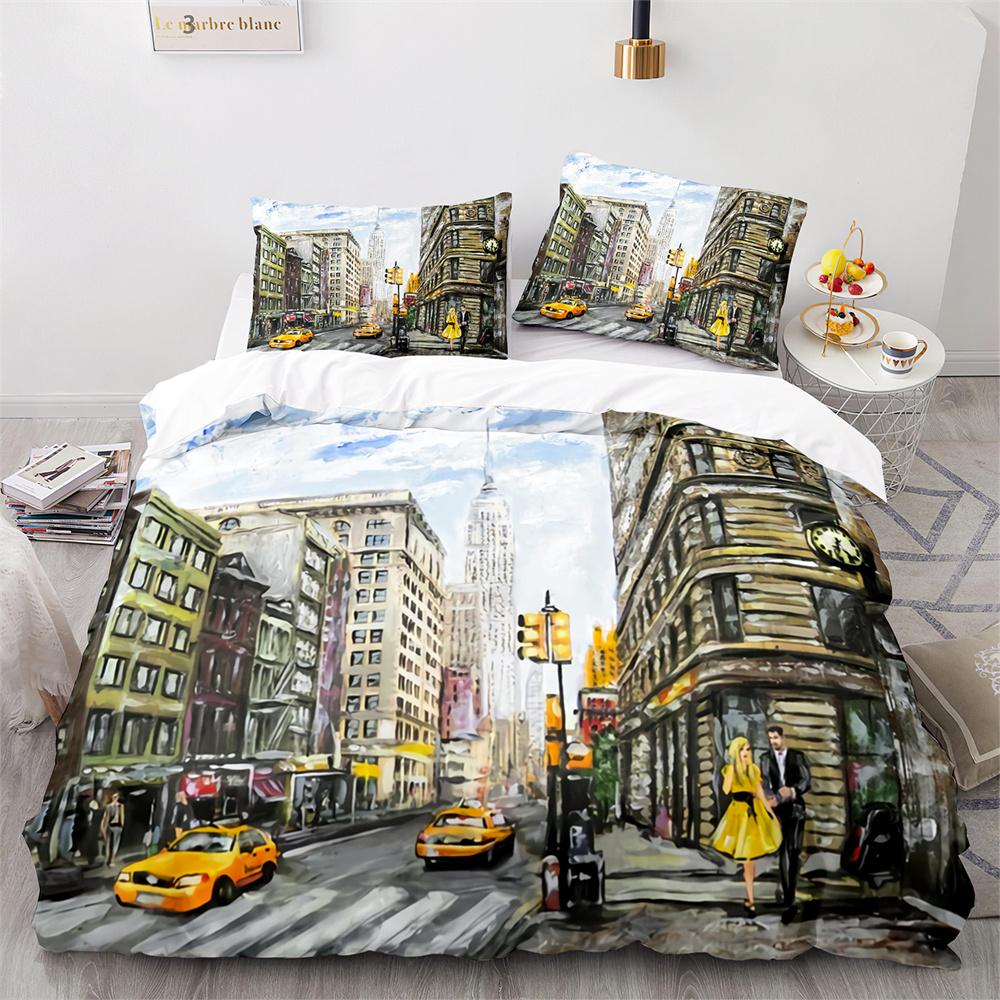 American City Landscape Duvet Cover Set Statue of Liberty Pattern King Queen Size Comforter Cover for Teen Polyester Bedding Set