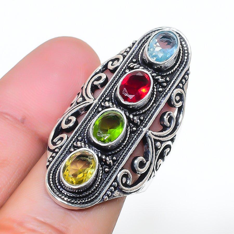 Natural Garnet, Peridot Gemstone 925 Sterling Silver Jewelry Ring Size 8 AR-16998