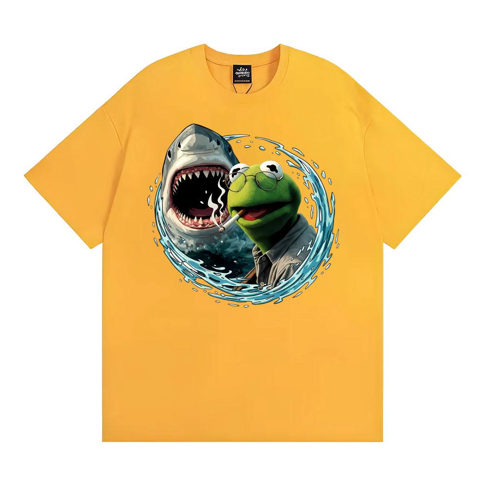 Smoking Kermit The Frog Meme Shark Attack Parody TShirt Mens Women Fashion Cool Tshirts Hot Sale Casual Short Sleeves T Shirt