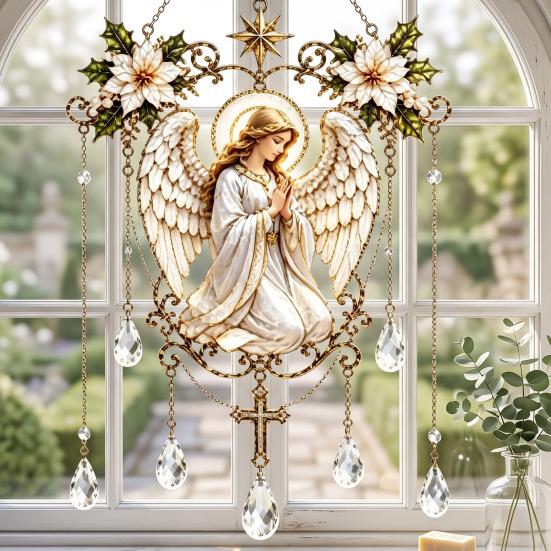 Elegant Indoor Hanging Decor Stained Glass Effect Blessing Suncatcher, Acrylic Angel Prayer Window Sun Catcher for Windows Ornament with Faux Crystal