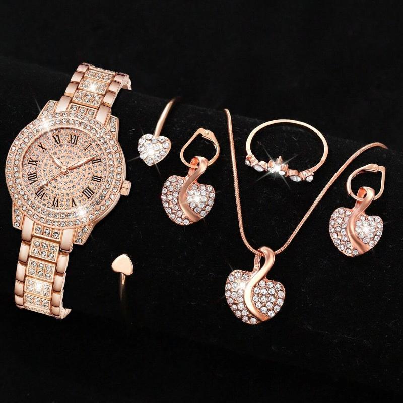 6 peças/conjunto de relógios femininos, relógio de quartzo de luxo com strass, relógio analógico romano da moda e conjunto de joias, presente para a mãe e para ela