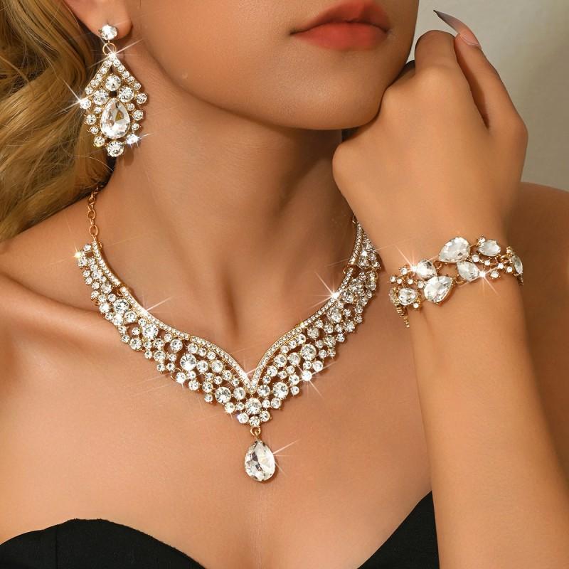 Vintage Rhinestone Statement Necklace Set Women Bold Party Jewelry With Earrings Alloy Chain Heart/Drop/Bell Pendant