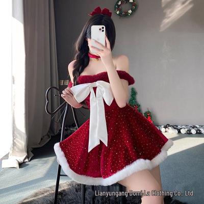 Domi La Christmas Gold Velvet Strapless Dress with Bow and Star Design