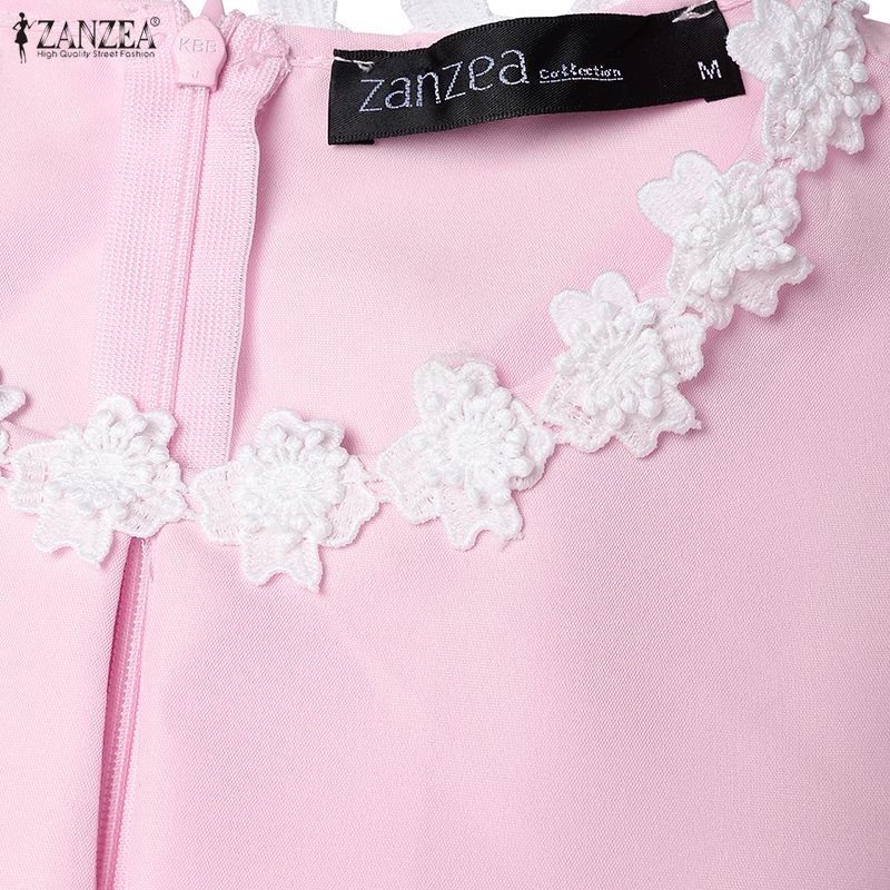 ZANZEA Women Splice Round Neck Summer Casual Short Sleeve Dress