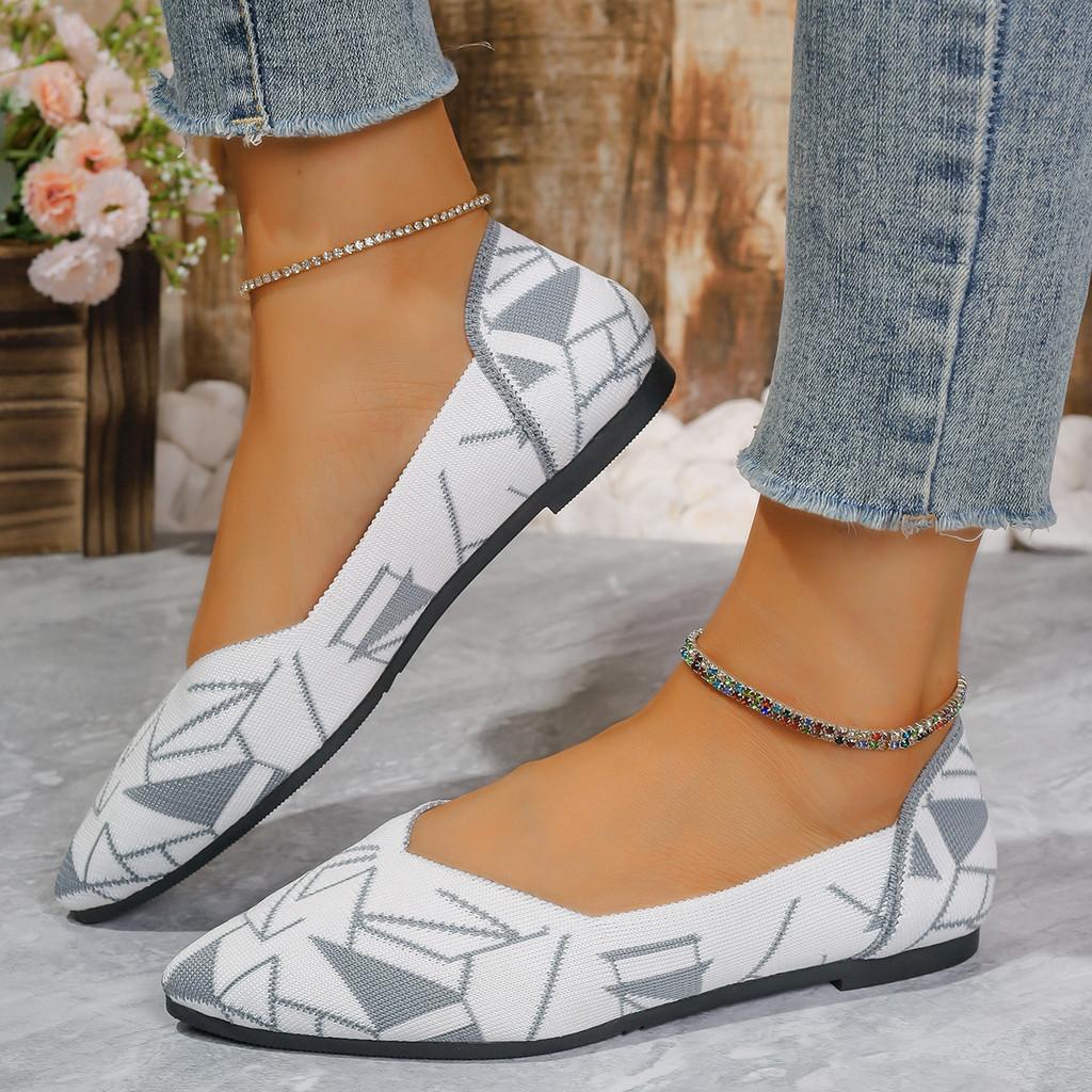 Stylish Cross-border Knit Flat Shoes For Women With Geometric Pattern And Pointed Toe Design
