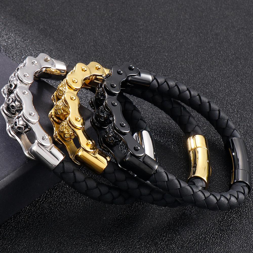 Rotatable Relieve Stress Skull Head Beads Bracelets for Man Punk Gothic Stainless Steel & Leather Motorcycle Biker Jewelry Gifts