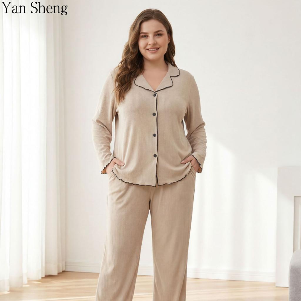 Pigiama Set Taglia L Manica Lunga Pantaloni Completo Due Pezzi Seta di Latte Semplice Casual Abbigliamento per la Casa