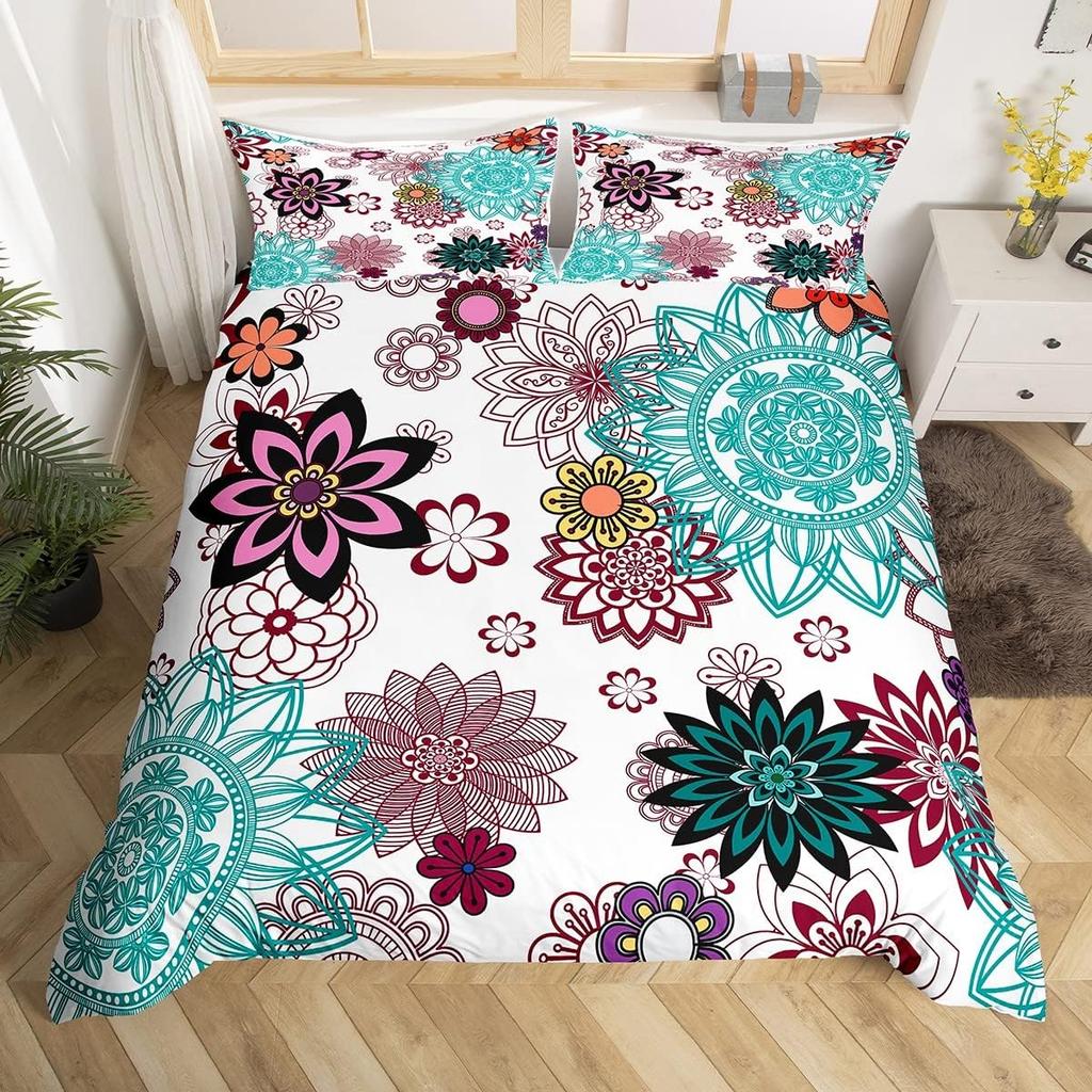 70er Jahre Retro Hippie Bettwäsche Set Groovy Blumen Bettbezug Full Queen für Erwachsene Teenager Boho Vintage Psychedelisch Floral Bettbezug