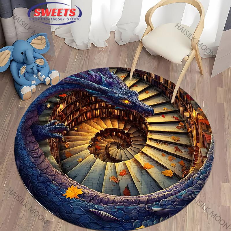 

3D Visual Art Theme Bat Cat Dragon Printed Round Rug for Home Decor Area Mats for Bedroom Chair Mat Carpet Living Room,Gifts 60cm