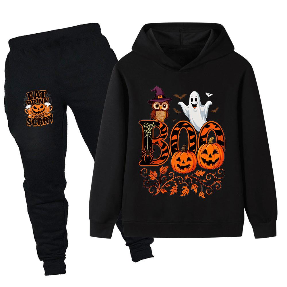 PB1649 Kids Boys Girls Halloween Ghost Printed Long Sleeves Hoodie Trousers Sets