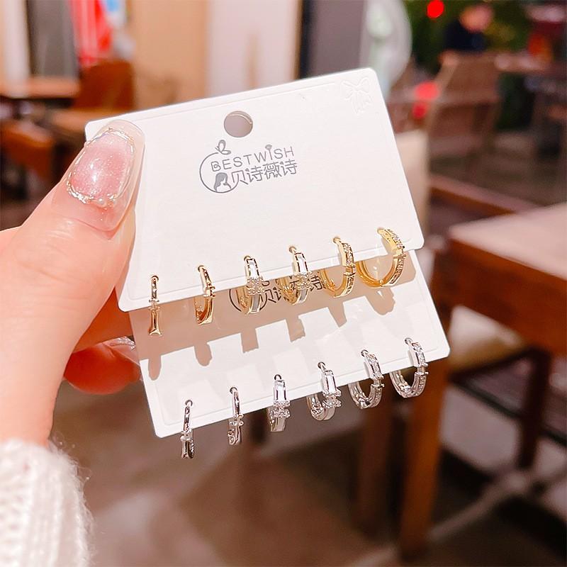 Geometric H-Shaped Zircon Stud Earrings Set Of 3 Minimalist Gold Hoop Women Daily Wear