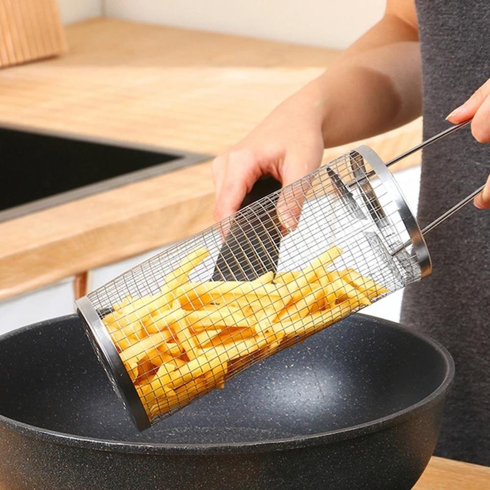 Stainless Steel Barbecue Cage Cookware Rolling Grilling Basket Portable Grill Basket  Camping