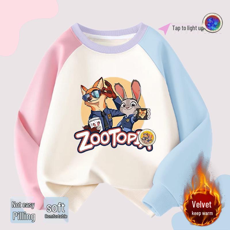 Girls' Zootopia Color Block Hoodie with Lights - Cotton, Raglan Sleeves, Striped, Thin/Plus Velvet, Autumn/Winter