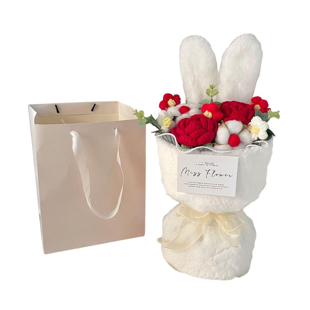 Completed Crochet Flower Bouquet Creative Ornament Crochet Rose for Valentines Day Gift Restaurant Cafe Party Study Room