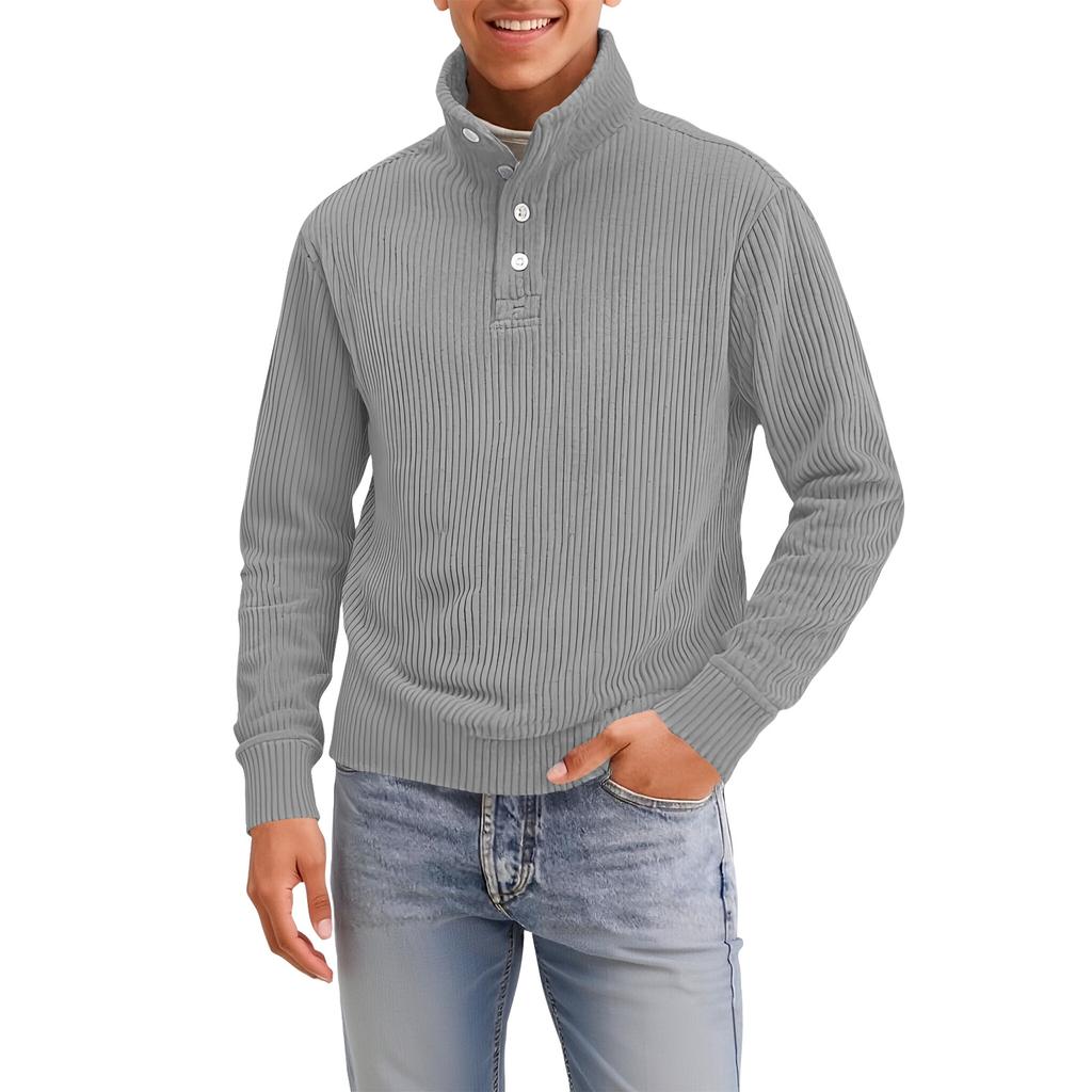 Men's Four-Button Pullover Sweatshirt, Solid Color, High Neck, Long Sleeve