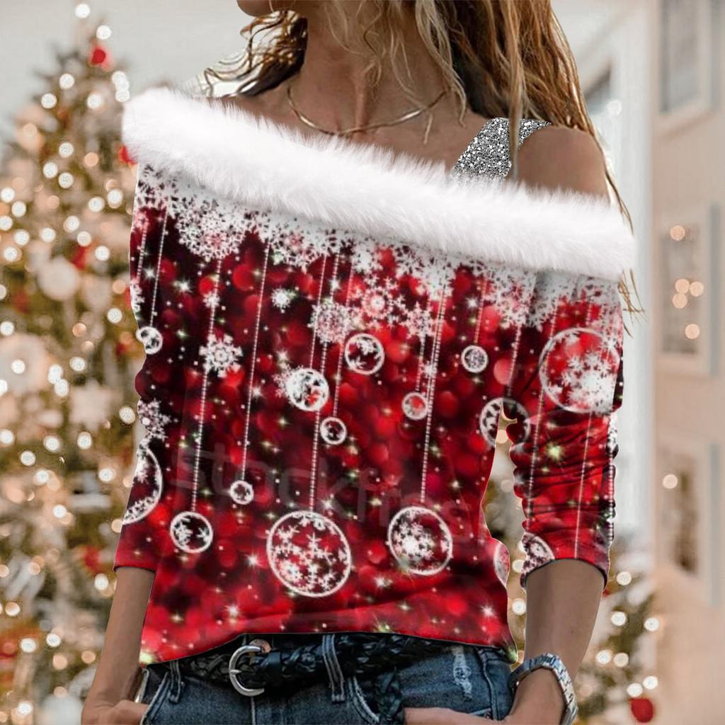 Women's Off Shoulder Furry Trim Long Sleeve T-Shirt Christmas Glitter Star 3D Print Elegant Winter Casual Top