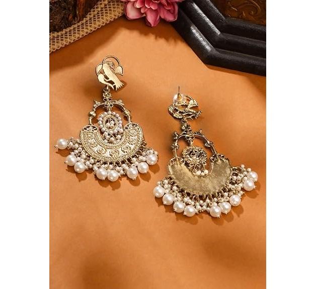 Ethnic Gold Plated Enamel Handpainted Design Stones Beads Traditional Chandbali Earrings for Women and Girls