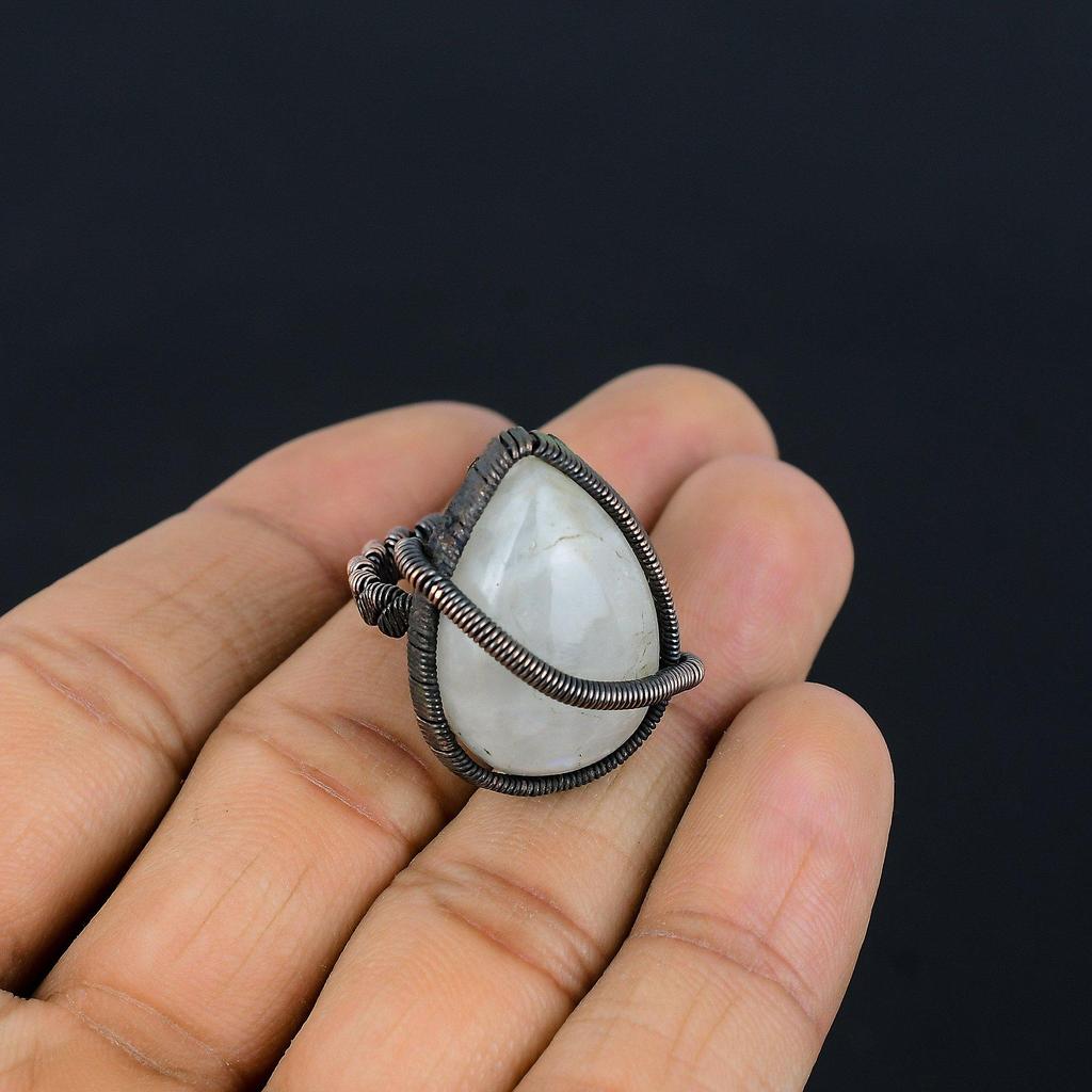 Moonstone Gemstone Copper Wire Wrapped Handmade Jewelry Ring For Wedding Gift All Size