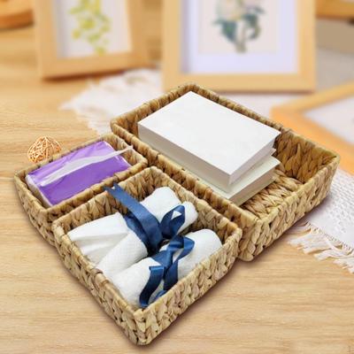 3x Desktop Storage Basket Hand Woven Baskets Rectangular Seagrass Box for