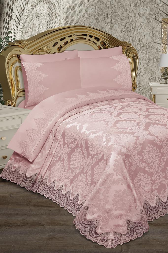 

Alev King Size Комплект покрывала 6шт, покрывало 230х240, простыня 230х240, двуспальная кровать, ткань парча розовая