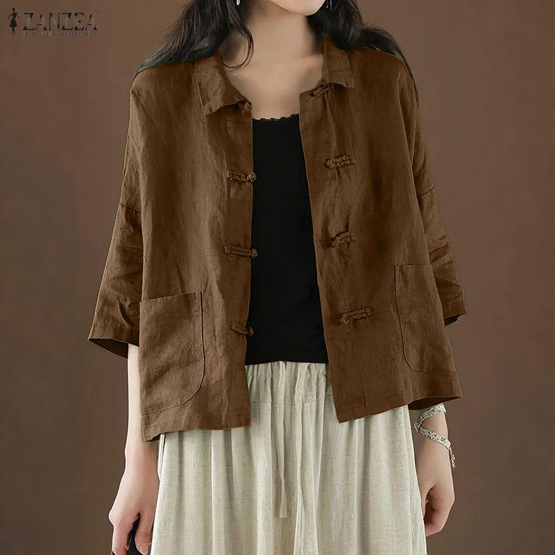 ZANZEA Women Summer Turn Down Collar Loose Half Sleeve Cotton Blouse