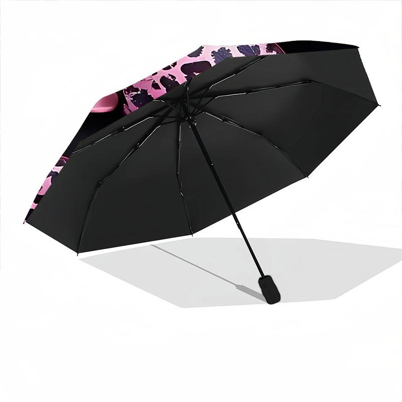 1pc Pink Leopard Heart Automatic Opening and Closing Folding Umbrella with 8 Iron Ribs - Portable, Foldable for Travel Yy251124111
