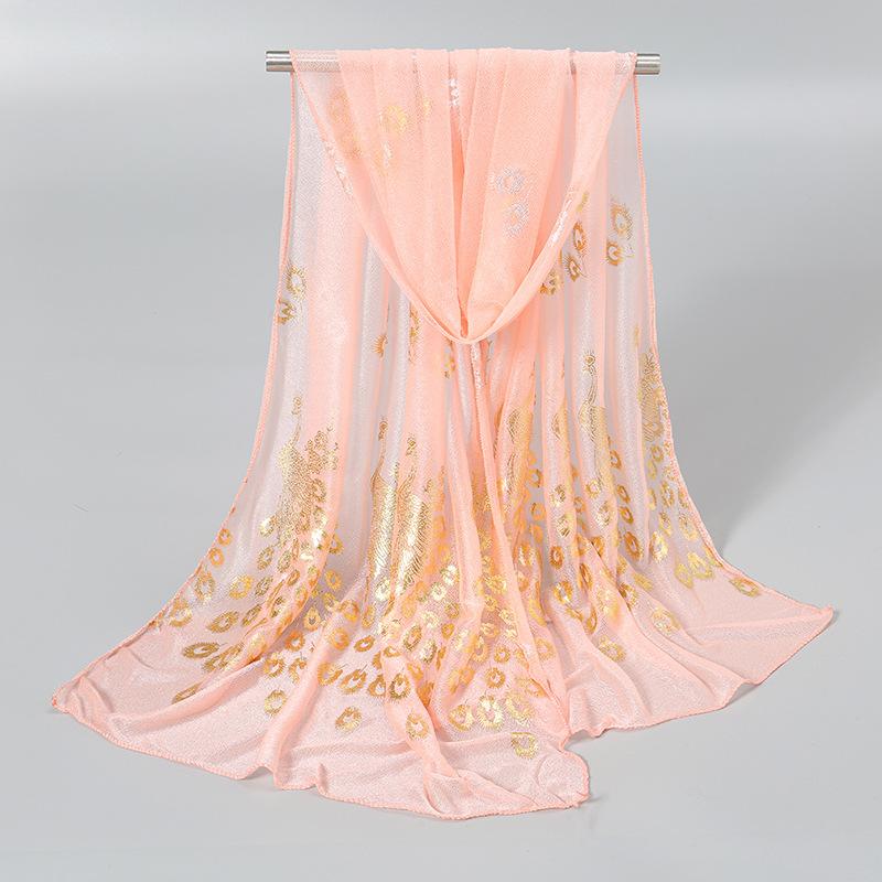 Summer Chiffon Long Scarf Georgette Neck Scarves Fashion Solid Hijab Scarf Glitter Thin Muffler Gold Peacock Print Wrap Shawl