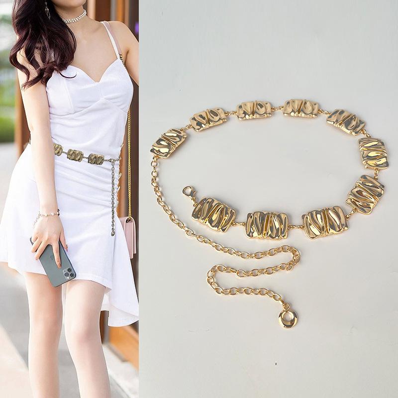 Irregular Rectangular Metal Waist Chain Women's Dress Accessories Niche French High-end Belt Woven Chain