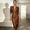 Langarm Übergröße PU Vintage Neu in Kleidern für Damen Lässig Frühling Herbst Bleistiftkleid