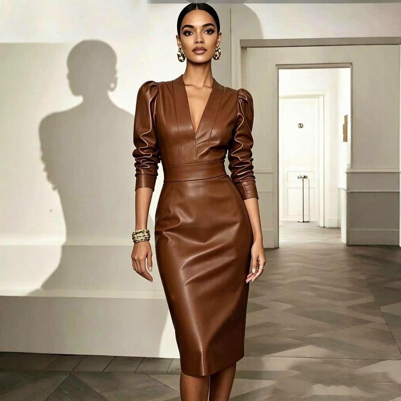 Langarm Übergröße PU Vintage Neu in Kleidern für Damen Lässig Frühling Herbst Bleistiftkleid