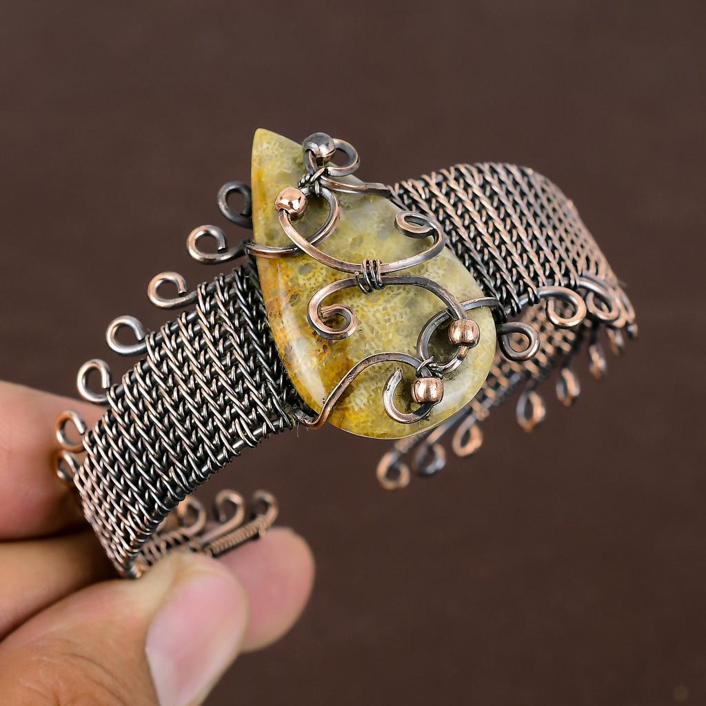 Natural Fossil Coral Gemstone Handmade Copper Wire Wrap Bangle Adjustable A4L95