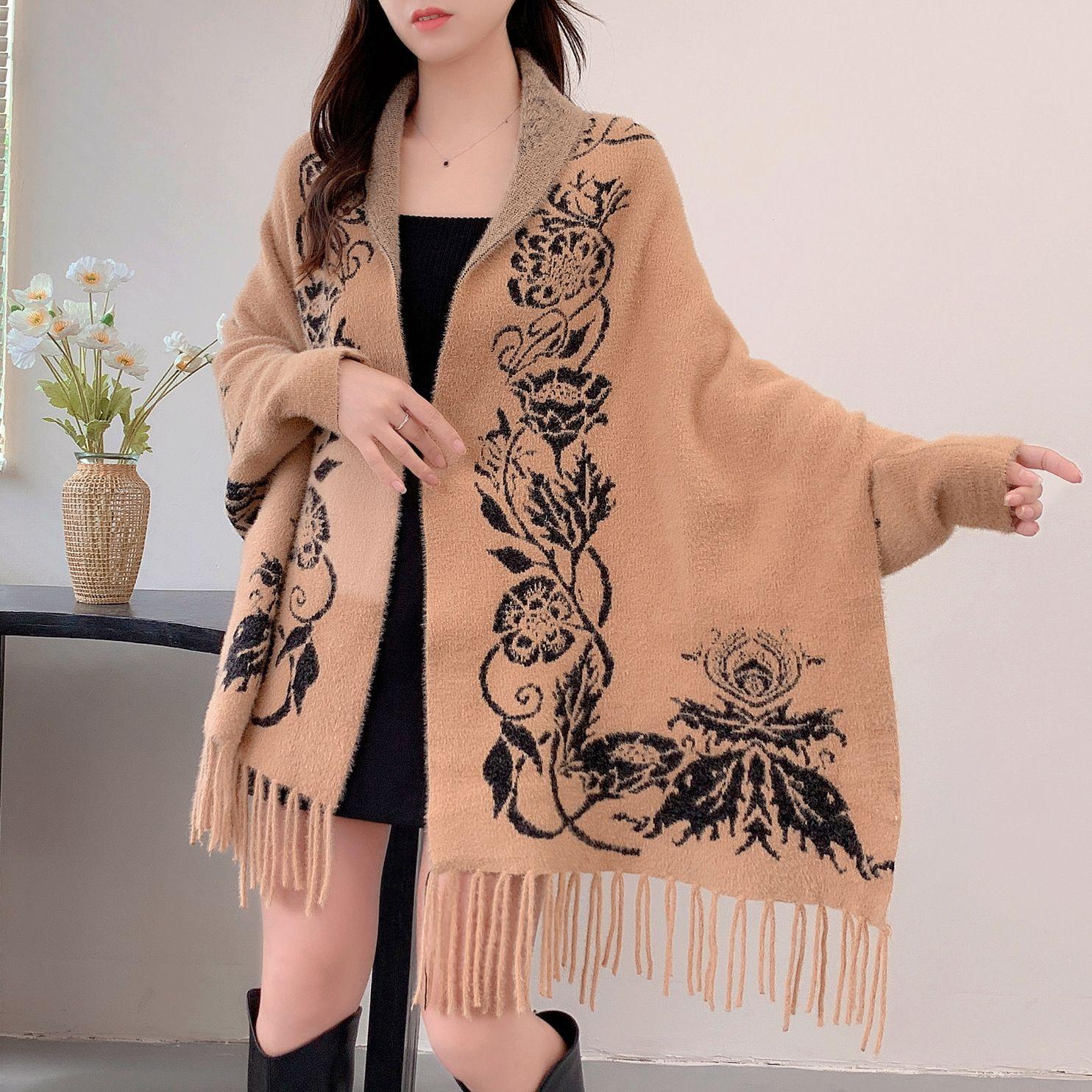 

Шаль Этнический стиль свитер вязаный теплый женский осень и зима новый плащ стиль плащ куртка One Size верблюд