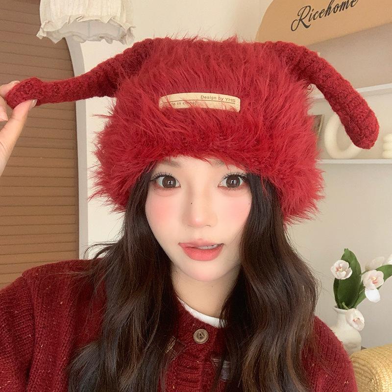 Plush Knitted Hat Autumn and Winter Korean Version Warm Ear Protection Cold Proof Woolen Hat Personalized Horn Big Head Cold Hat for Women