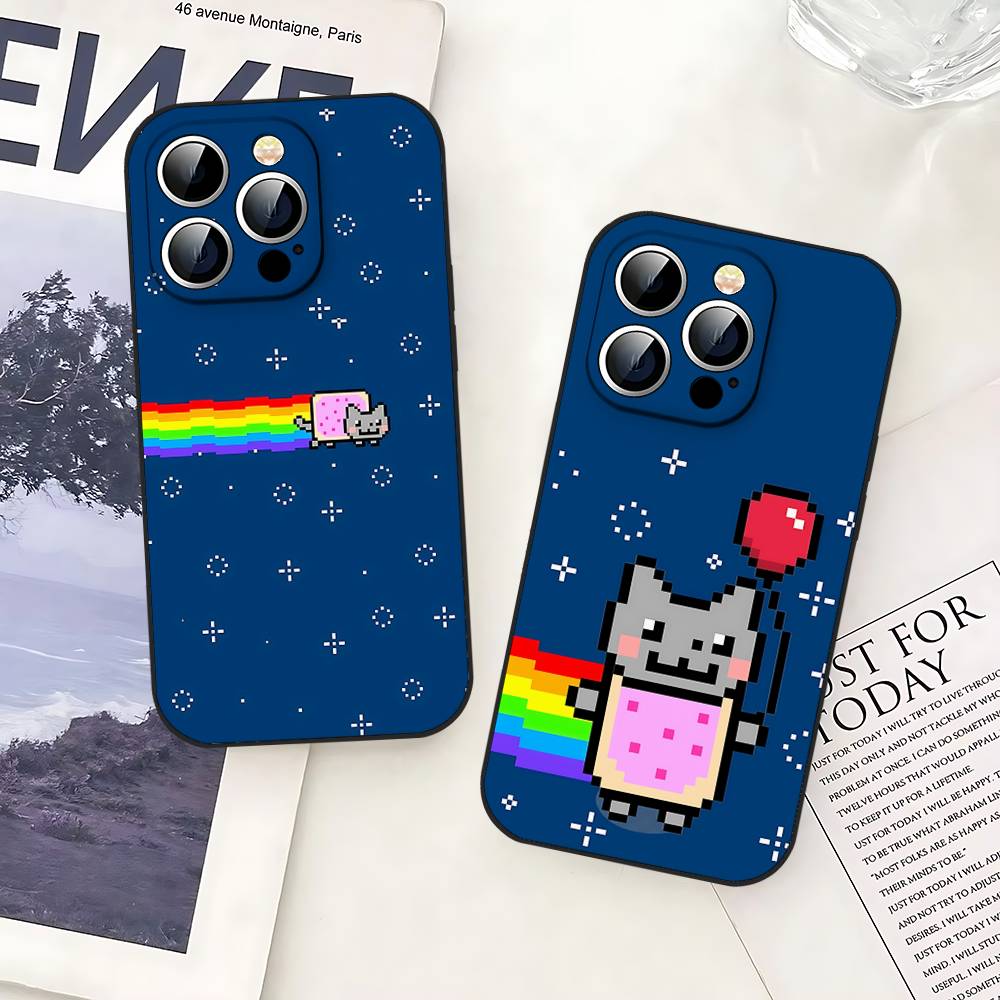 Roztomilý Vtipný Kočka N-nyan Pouzdro na Telefon Pouzdro na Telefon Pro IPhone 17,16,15,14,13,12,11,Pro,Plus,Mini Měkký Černý Kryt