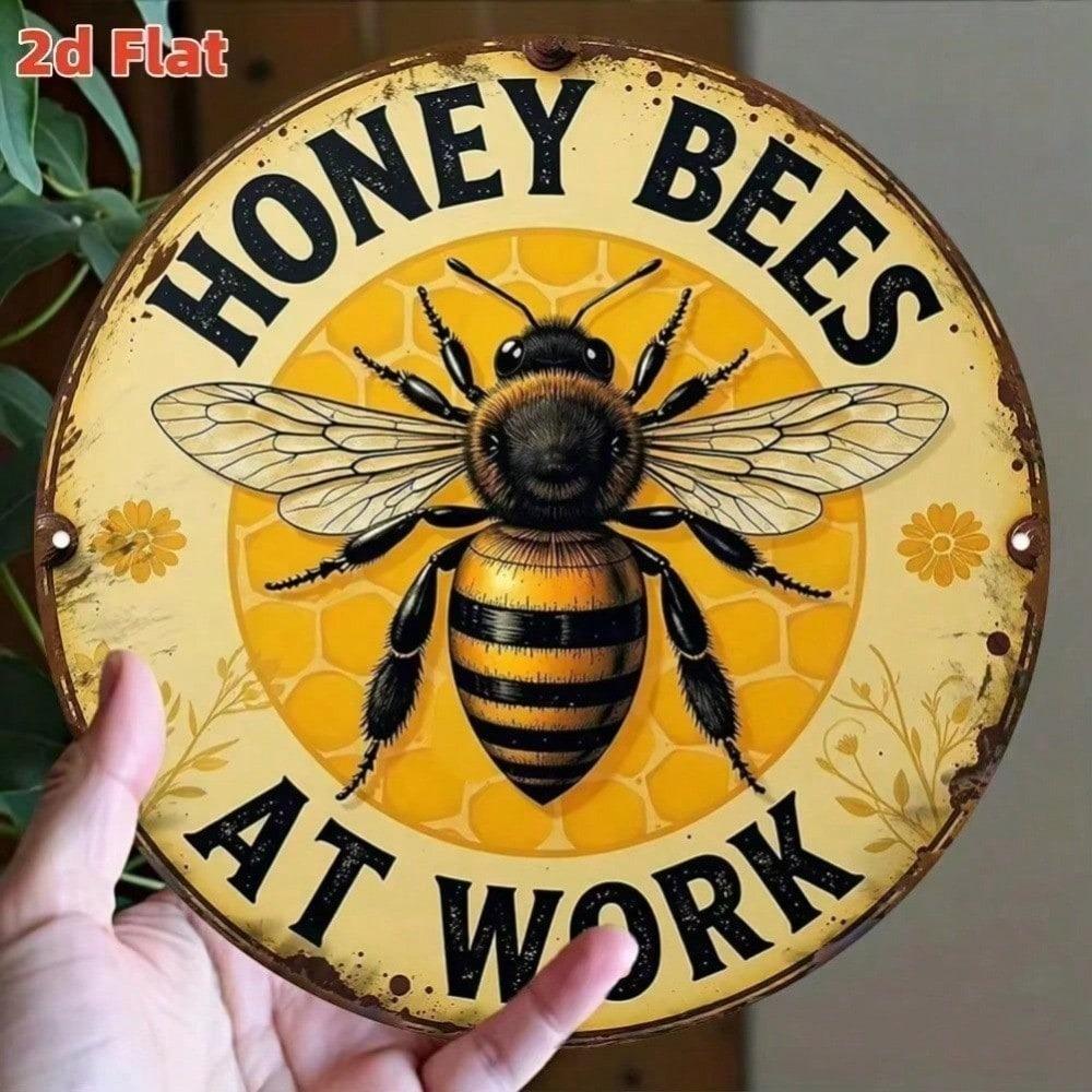 Bees Rustic Metal Wall Art Decor 2D Round Honey Bee Sign Weather Resistant For Indoor Outdoor Farm House
